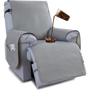 100% Waterproof Recliner Chair Cover,Non Slip Covers for Recliner Chair Washable Dog Chair Cover Furniture Protector with Pocket, Elastic Straps for Kids, Dogs, Pets (Light Grey, 23.6'')