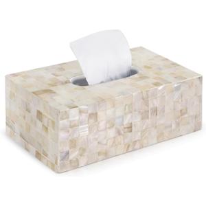 PEMAR Handmade Mother of Pearl Tissue Box Elegant Rectangular Capiz Shell Cover, Decorative Napkin Holder for Living Room, Bathroom, or Office Dcor (Max Inner Size 9.2"x5"x3.5", White Cream)