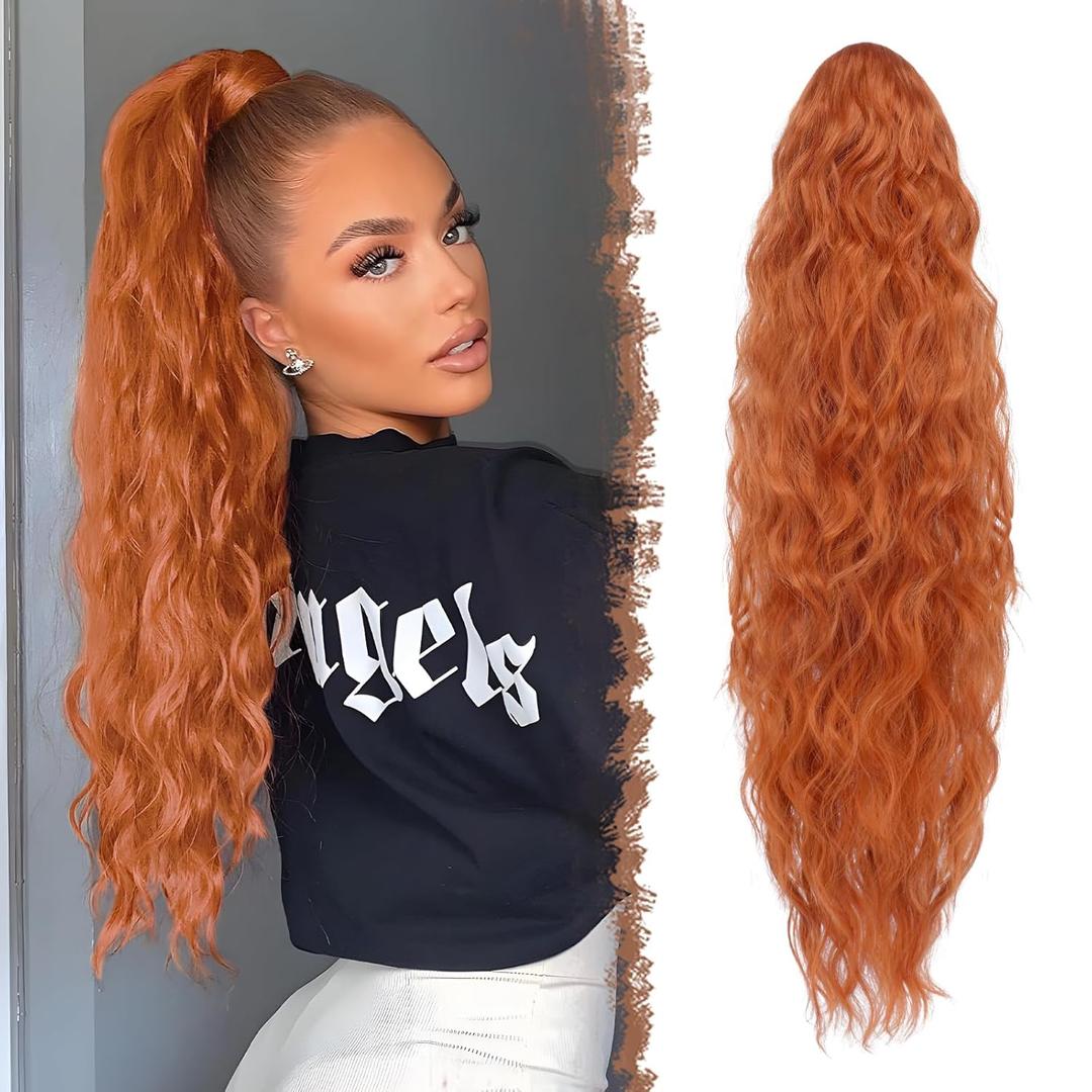 FESHFEN Ponytail Extensions - 26 inch Drawstring Long Curly Wavy Clip in Ponytails Synthetic Hair Piece Pony Tail Hairpieces for Women, Copper Red