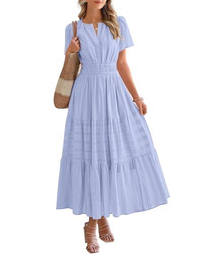 BTFBM Womens Summer 2026 Casual Midi Maxi Dresses Lightweight Short Sleeve V Neck Elastic Waist Boho Beach Dress Pockets(Light Blue, Medium)
