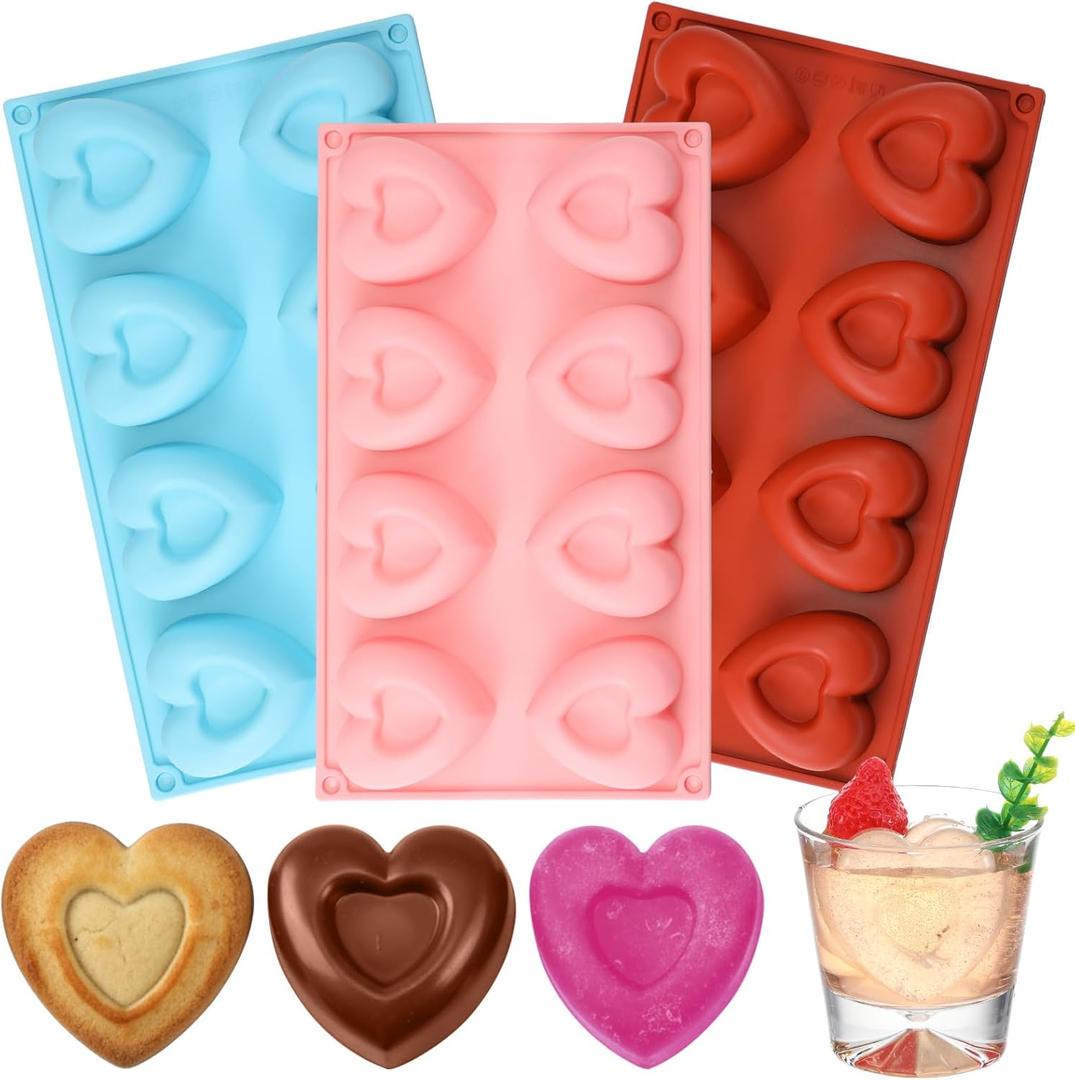 Qinyoung 3 Pcs Heart Shaped Silicone Molds Nonstick Heart Chocolate Muffin Molds for Ice Cube, Candy, Brownies, Jelly, Tartlets, Soaps, Pudding, Dessert Baking Making(Medium,8 Holes,Red,Pink,Blue)