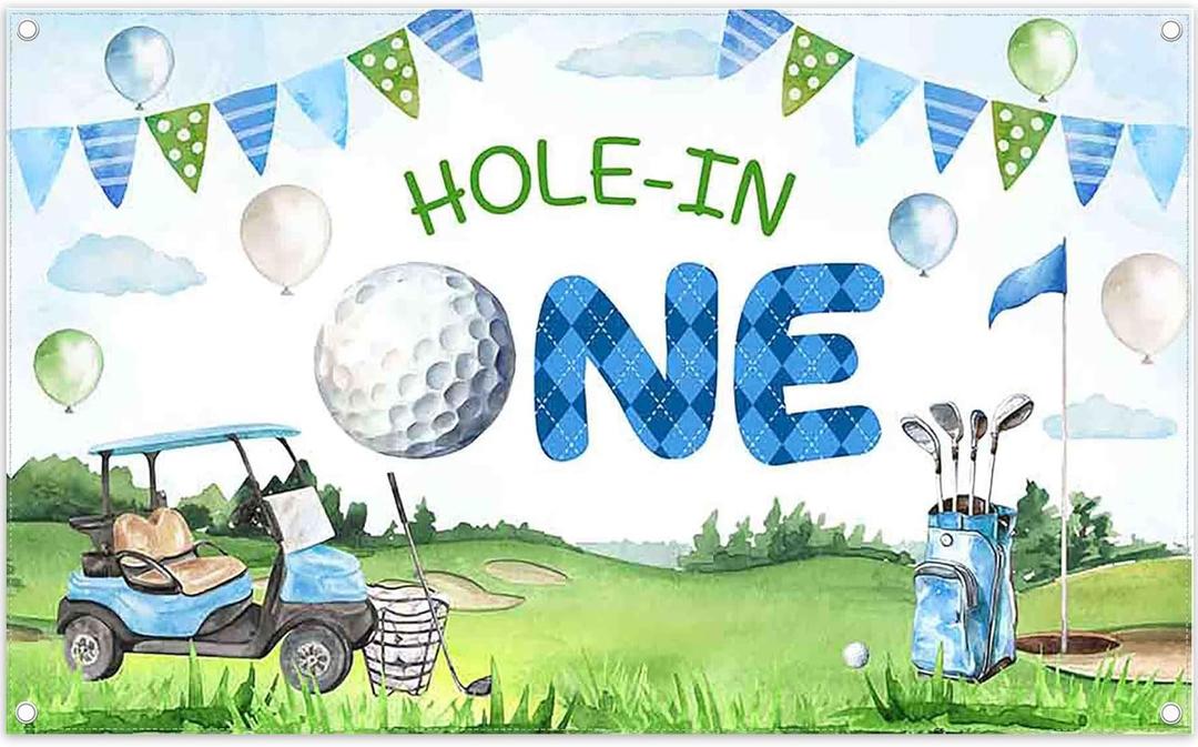 72x43inch Fabric Cartoon Hole in One Golf Backdrop Sports Theme Blue Sky White Clouds Green Grass Photography Background Boys Party Decorations Photo Banner Booth