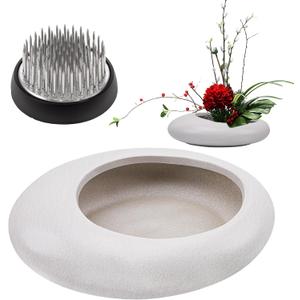 Folmywy Japanese Ikebana Flower Frog Vase Kit Flower Arrangement with 1.57 Inch Kenzan Ceramic White Pebble Shaped Bowl for Ikebana Teaching Aids Art Supplies Home Decor (5.51x4.13in)