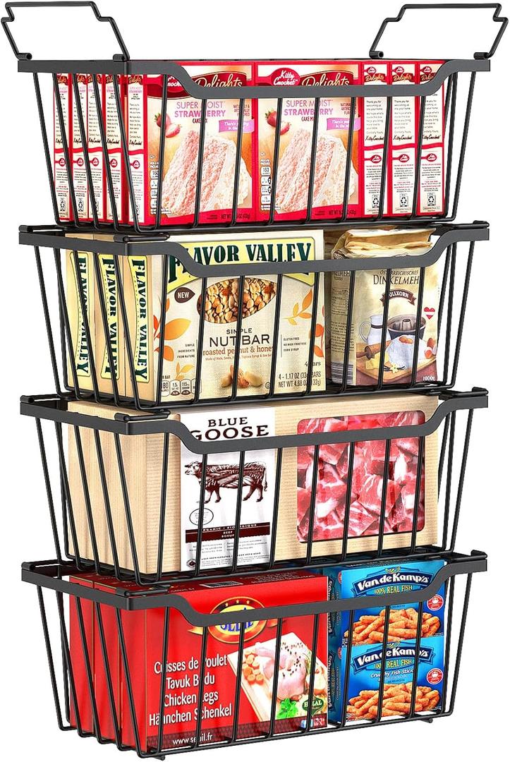 SUNALLY Freezer Organizer Bins, 4 Pack Stackable Chest Freezer Organizer for 5-7 Cu.FT Deep Freezer Sort Frozen Meats and Food, Freezer Storage Baskets with Handles Easy Reach from Bottom, Black