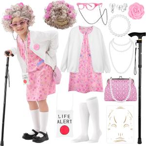 100 Days of School Costume Old Lady Costume Granny Wig Dress Up Grandma Halloween Cosplay Party Outfit (M(5-7yr), White)