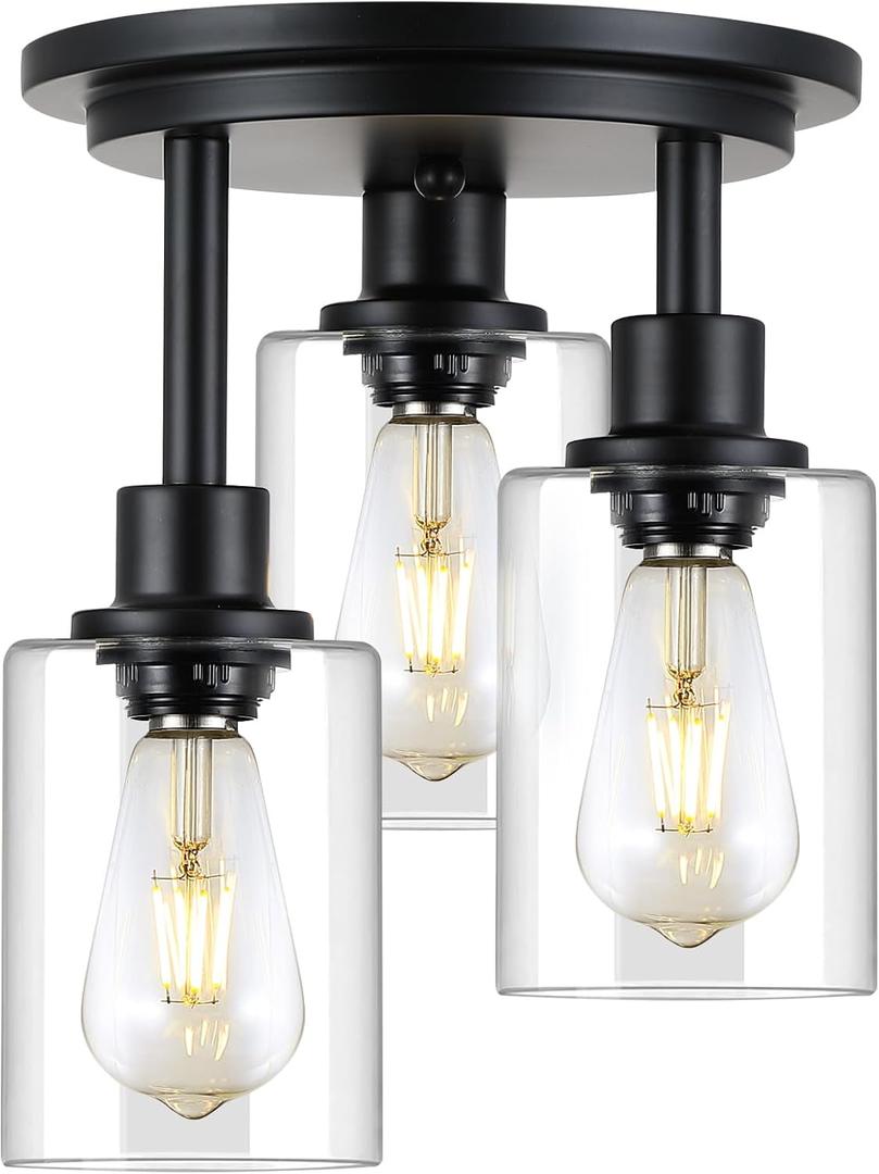 Semi Flush Mount Ceiling Light,3 Lights Clear Glass Shade, Matte Black Finish,Farmhouse Industrial Rustic Ceiling Light Fixture for Hallway Kitchen Island Entryway Bedroom, E26 Socket,11.2.