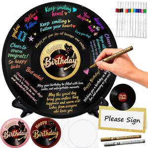 11.7" Vinyl Record Birthday Guest Book, Retro Sign-in Board Decoration, Includes 14 Pens, 5 Center Stickers & 20 Place Cards, Milestone Birthday Party Keepsake Gift