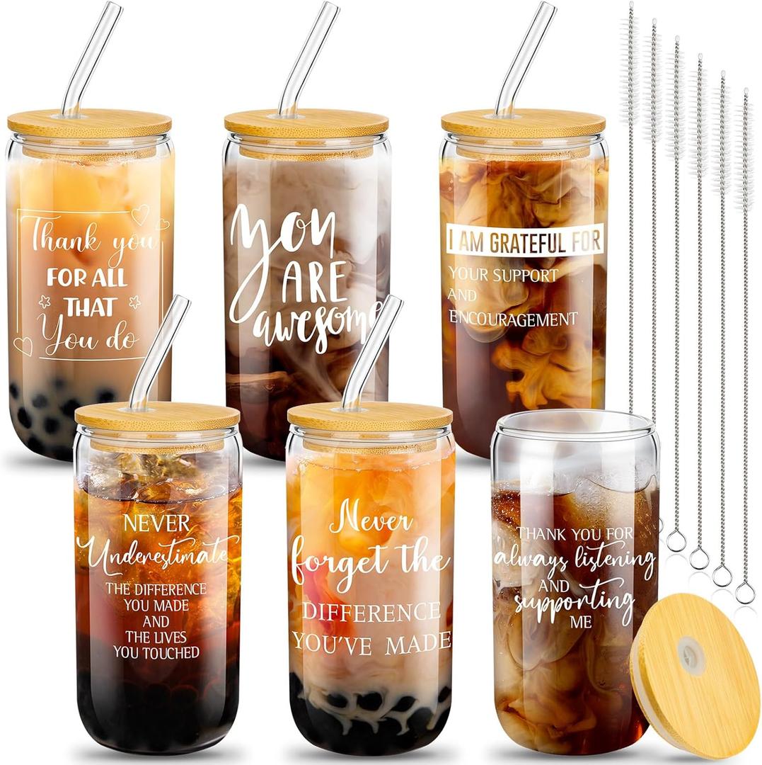 6 Set Employees Appreciation Gifts Thank You Team Gifts Coworkers Staff 16oz Can Beer Glass Cup with Lids Straws Brushes for Teacher Nurse(Fresh Style)