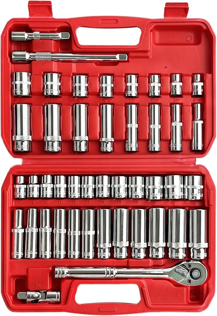 EACELIY 44pcs 3/8" Drive Impact Socket Set,Drive Master Socket Set,SAE/Metric, Deep & Shallow with 3/8" Drive Head Ratchet,Universal Joint,Extension bar (3 & 6),6 Point,CR-V SteelMirror Chrome