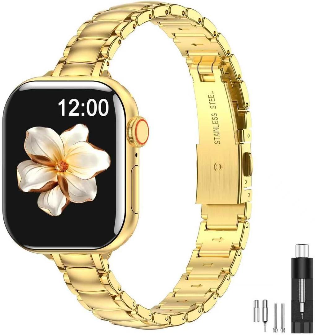 MioHHR Thin Metal Bands Compatible with Apple Watch Band Ultra3/2/1 Series 11 10 9 8 7 6 5 4 3 2 1 SE3/2/1,Slim Narrow Stainless Steel Strap for Women iWatch 49mm 46mm 45mm 44mm 42mm 41mm 40mm 38mm (Gold)