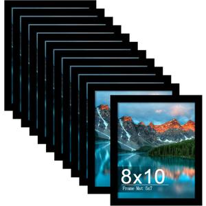 Picrit 8x10 Picture Frame Set of 12, Display 5x7 with Mat or 8x10 without Mat, Photo Frames for Wall Mounting or Table Top Display, Black