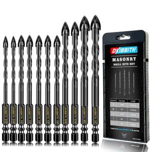 11-pc Carbide Masonry Concrete Drill Bit Set for Stone Tile Brick Ceramic Glass Metal Sheet Plastic Wood, Quick Change 1/4" Hex Shank, Size 3/16" 1/4" 5/16" 3/8" 1/2" with Storage Case
