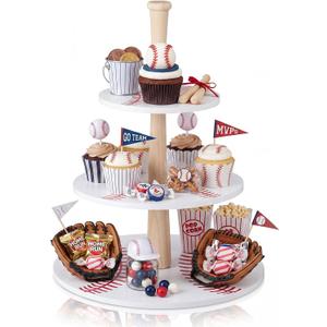 Domensi 1 Pcs 3 Tier Baseball Serving Tray Wooden Baseball Cupcake Stand Displays Plate Board Reusable Cupcake Serving Tower Holder Decoration for Sport Theme Game Tailgate Birthday Party Supplies