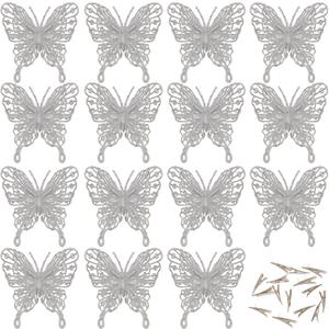 15 PCS Glitter Butterfly Christmas Tree Ornaments, Hollow-Out Butterfly Christmas Decoration with Clips, Craft Xmas Ornaments, Christmas Tree, Wreath, Garland, Home Decorations, Silver