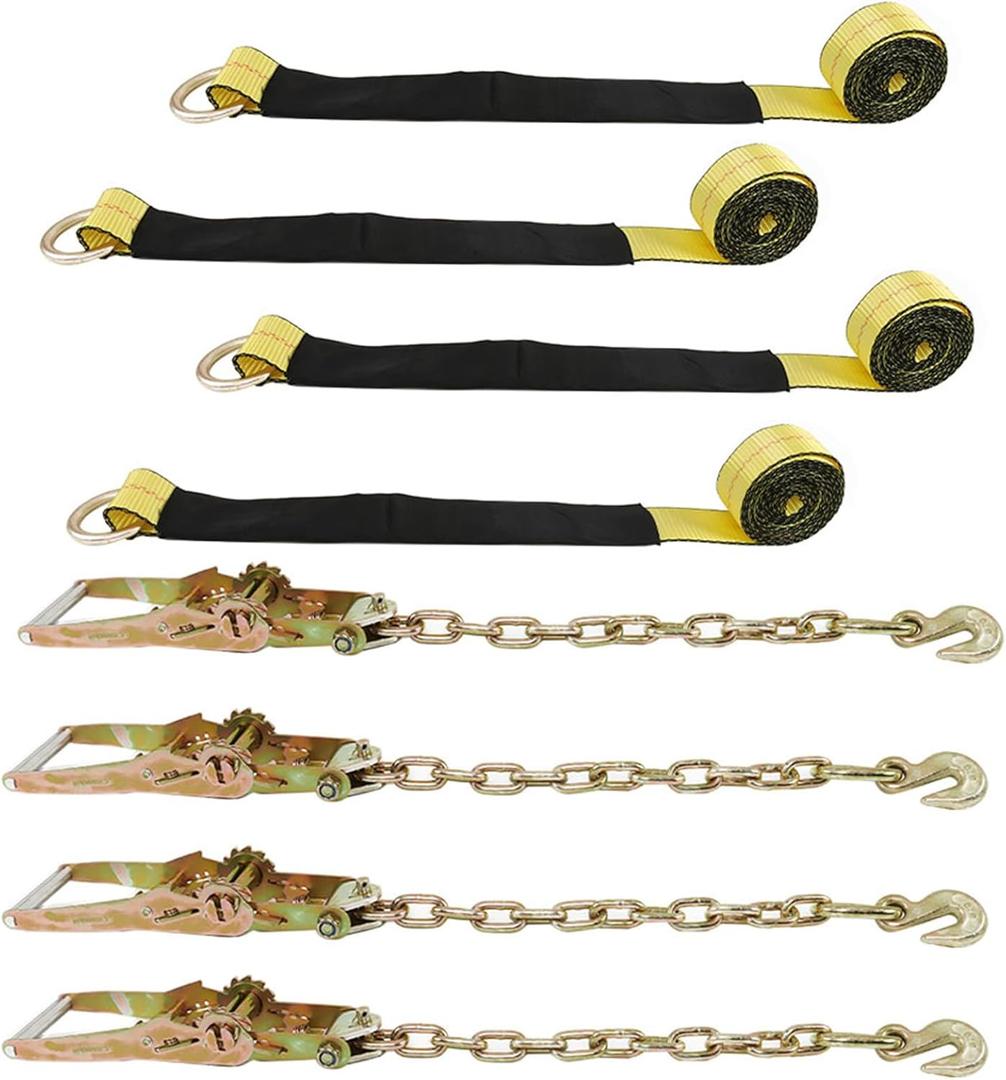 Classic Yellow Lasso Style Car Tie Down with Chain Anchors 2 Inch x 96 Inch 4 PCS 3,300 lbs Safe Working Load