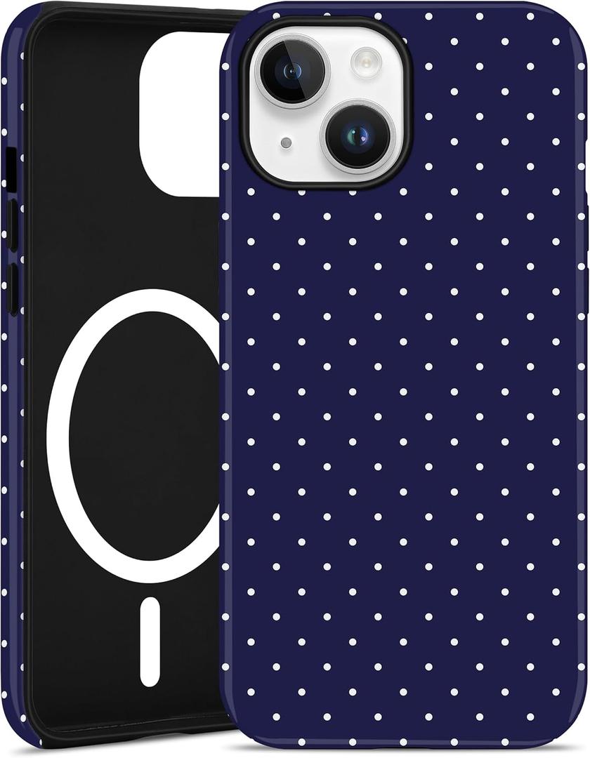 Jusy Compatible with MagSafe Polka Dot Case for iPhone 13/iPhone 14, Cute Aesthetic Polka Dots Magnetic Phone Case, Soft TPU and Hard PC Protective Phone Cover for Women Girls (Matte), Navy Blue