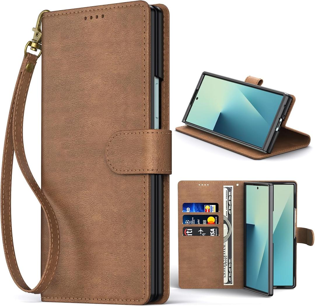 Oududianzi Leather Wallet Case for Samsung Galaxy Z Fold 7, PU Leather Flip Cover with Card Slots, Wrist Strap & Kickstand, Protective Phone Case, Dark Brown