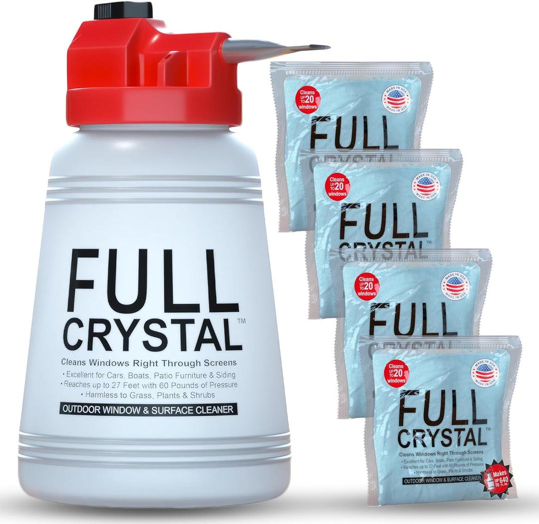 Full Crystal Window Cleaning Kit 16 oz Glass Cleaner and Bottle with 27 ft Reach, Each 4 oz Bag Makes Up to 640 fl oz, Cleans Up to 80 Windows, Scrub-Free, Rinse-Free