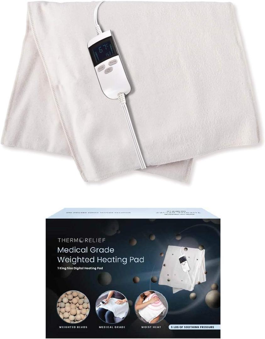 Moist Heating Pad with Auto Shut Off for Cramps and Back Pain by ThermoRelief - Extra Hot Medical Grade Pain Relieving Digital Electric Heat Therapy Pad (King Weighted) Ivory