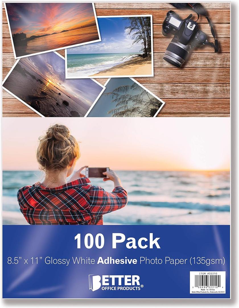Better Office Products Self-Adhesive Photo Paper, Sticky Photo Paper, Glossy, 8.5 x 11 Inch, 100 Sheets, 135 gsm, Letter Size, 100 Count Pack