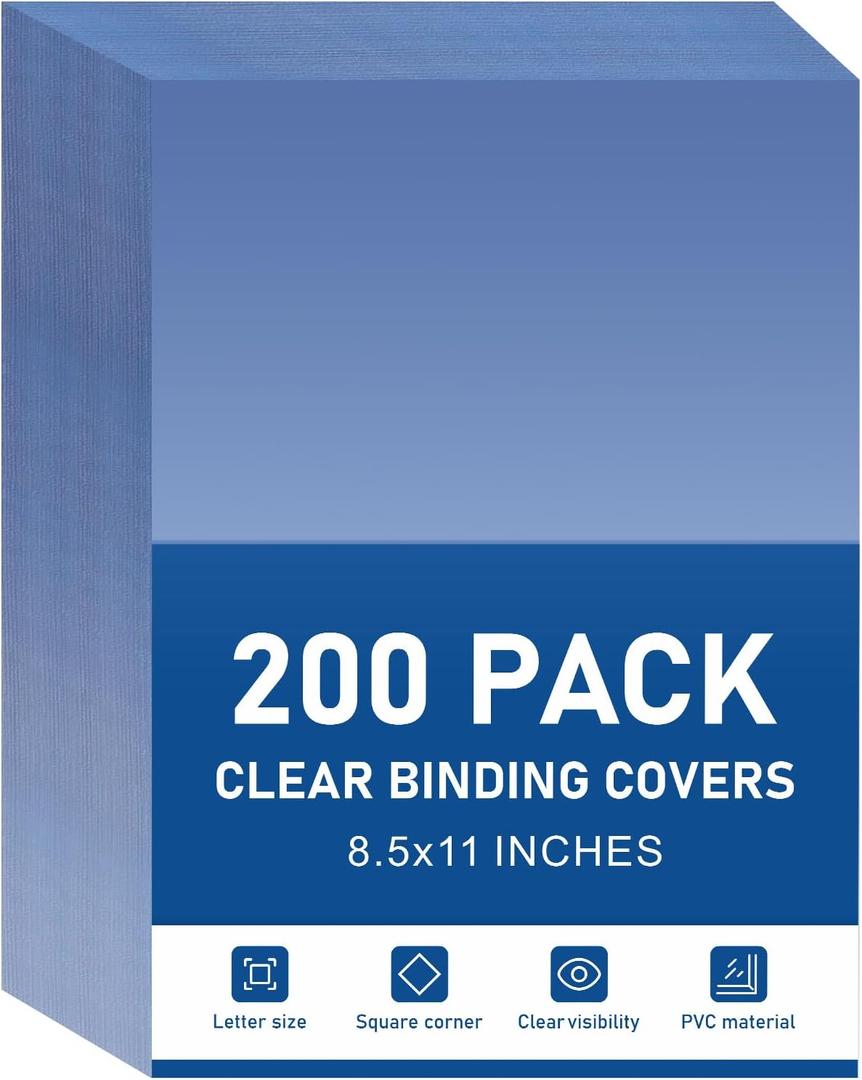 Dynta Binding Covers 200 Pack Clear Report Cover, 8 mil PVC Cover Sheets for Binding, Letter Size 8.5 x 11 Inches, Square Corners, Un-Punched, Office Supplies