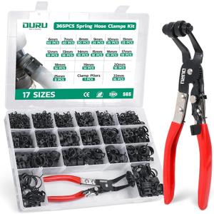 OURU 365PCS 6-25mm Spring Band Hose Clamps Assortment kit with Hose Clamp Plier, Constant Tension Hose Clamps for Fuel Lines, Silicone Vacuum Hoses, Water Pipe, Low-Pressure Air Clips