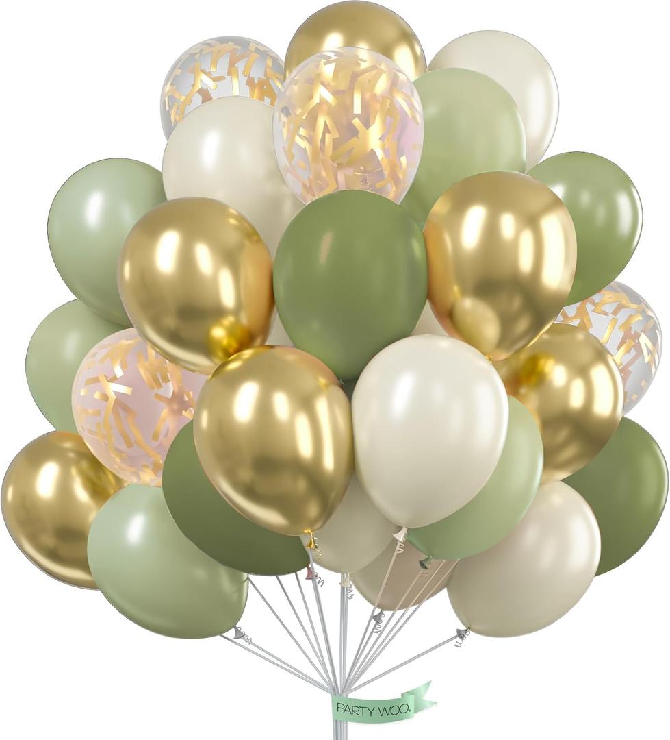 PartyWoo Sage Green Balloons 100pcs 12 Inch Metallic Gold Sand White Gold Confetti Balloons for Baby Shower Gender Reveal Wedding Engagement Jungle Woodland Forest Birthday Party Decorations
