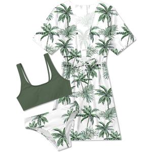 AIDEAONE 5-16T Girls Bathing Suit 3 Piece Swimsuit Drawstring Quick Dry Tankini with Cover Ups (9-10 Years, Green Hawaii)