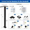Muzata Black Corner 42 Inch Modular Cable Railing Post T-drilled One-Post Corner Solution Surface Mount Stainless Steel Cable Railing System Kit Indoor Outdoor Modular Post Kit RW44