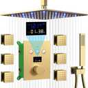 Brushed Gold Shower System AYIVG Temperature Display Thermostatic Shower System Ceiling Mount 12 Inch LED Rain Shower Head System with 6 Body Jets and Handheld Bathroom Shower Faucet Set