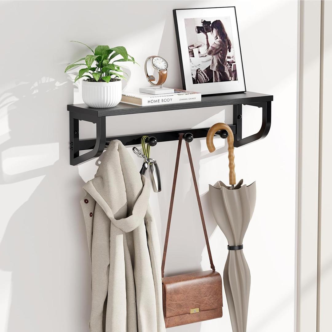 NANAGIFTREE Coat Rack Wall Mount, Wood Wall Shelf with Hooks, Coat Hanger Wall Mount with 4 Metal Hooks, Wall Mounted Coat Rack Organizer for Entryway, Bedroom, Living Room, Room Decor, Brown 16.9inch