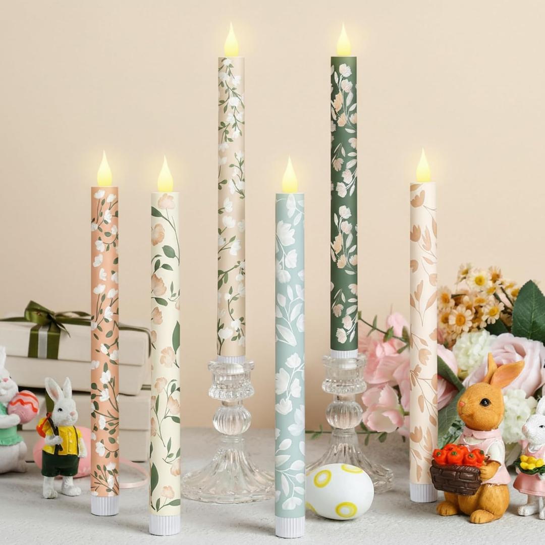 Honoson 6 Pcs Easter Flameless Taper Candles 10.6 Inch Spring Flower Candles Battery Operated LED Candlesticks for Easter Dinner Table Home Party Decor