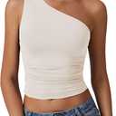 QINSEN Women's One Shoulder Tank Tops Double Lined Sleeveless Slim Fit Cropped Tee Shirt Y2k Tops (Beige)