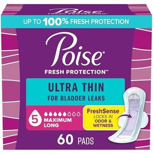 Poise Ultra Thin Incontinence & Postpartum Pads with Wings for Bladder Leaks, 3 Drop Maximum Absorbency, Long Length, 60 Count, Packaging May Vary