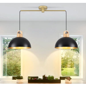 2-Light Black Pendant Light, Solid Wood Hanging Lamp with 11.8” Metal Shade, Farmhouse Pendant Light Fixtures for Kitchen Island, Dining Room, Bedroom, Office, Modern Black & Gold