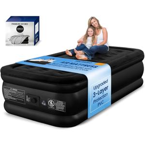 Twin Air Mattress with Built-in Pump, 600 lbs Heavy-Duty Support, 48-Hour Leak-Tested 3-Layer PVC, 2-Min Fast Inflation, Durable & Portable Inflatable Bed for Home, Guests & Camping