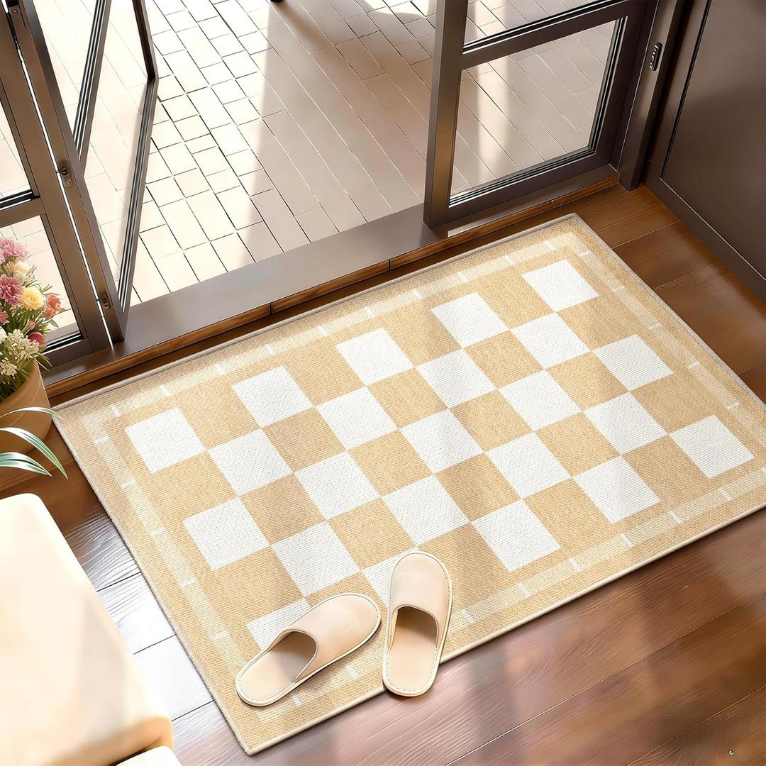 Vasofe Jute Checkered Outdoor Rug, 2x3 Small Entry Rug, Washable Rugs Indoor Front Door Mat, Non-Slip Bedroom Entrance Doorway Kitchen Mats, Plaid Farmhouse Porch Carpet, Khaki and White