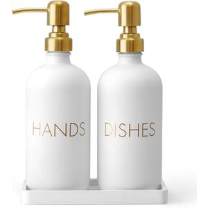 Glass Dish and Hand Soap Dispenser Set - Kitchen Soap Dispenser with Tray and Stainless Steel Pump - for Modern Gold Kitchen Decor and Accessories