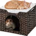 Cat Beds Indoor Kitten House, Handwoven Rattan Cat Cave Pet Cube, Large Cat Houses, One Bed Mat, Foldable, Hideaway, 16.5x16.5x13.2 Inches, 2 S-Shaped Hooks in Living Room Bedroom Brown