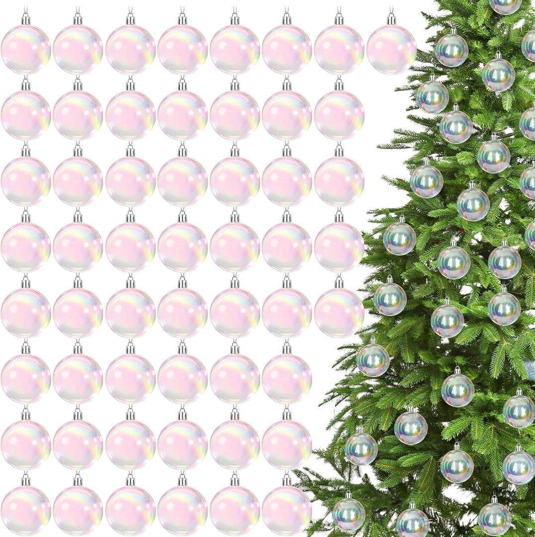 Wettarn 50 Pcs 2.36'' Clear Christmas Iridescent Ornaments Balls Transparent DIY Shatterproof Hanging Christmas Rainbow Ornaments Decorations Xmas Tree Wreath Holiday Party