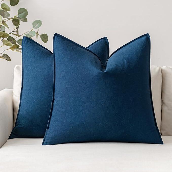 MIULEE 22x22 Inch Pack of 2 Decorative Linen Pillow Covers Boho Farmhouse Modern Soft Accent Euro Shams Throw Pillows for Bed Neutral Cushion Covers Sofa Couch Living Room Home Decor, Inch Navy