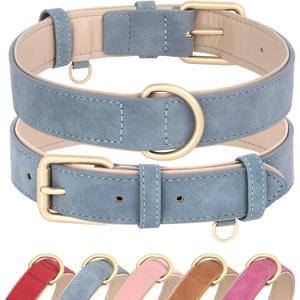 Didog Soft Padded PU Leather Dog Collar, Adjustable Dog Collar for Large Dogs with Durable Metal Buckle and D Ring,Blue,XL