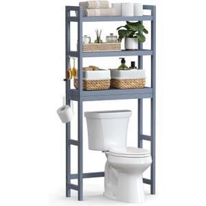 SONGMICS Over The Toilet Storage, 3-Tier Over Toilet Bathroom Organizer with Adjustable Shelf, 10.2 x 24.8 x 66.9 Inches, Space-Saving, Gray UBTS001G01