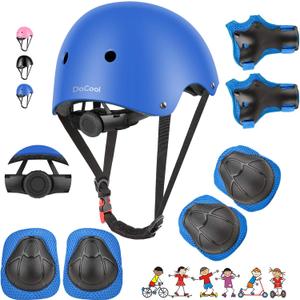 DaCool Kids Bike Helmet Set Skateboard Knee Pads - Kids Helmet Elbow Pads Wrist Guards Adjustable for 3~10yrs Girl Boy Kids Protective Gear Set for Sport Cycling Bike Roller Skating Scooter (2-Blue)