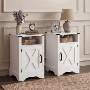 FansaFurn Farmhouse Nightstand Set of 2 with Charging Station, Wooden End Table, Rustic Night Stand with Storage Cabinet and Shelf, Tall Bedside Table for Bedroom, Living Room, White