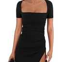 BEAGIMEG Women's Sexy Bodycon Short Sleeve Square Neck Side Slit Ruched Party Club Evening Mini Dress , S