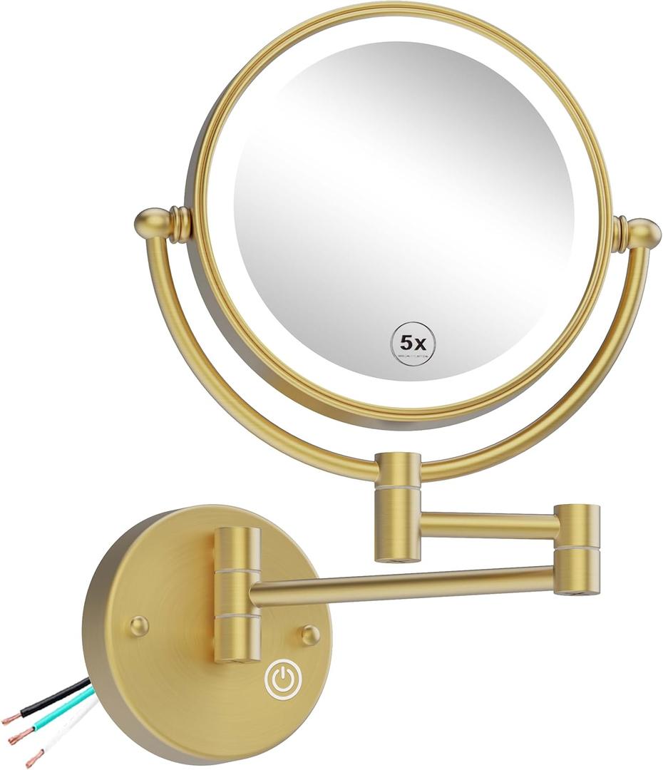 8" Hardwired Brass Wall Mount Makeup Mirror with Lights and Magnification 1X/5X, Double Sided 3-Colors LED Touch Control Extended Arm 360 Rotation Cosmetic Mirror for Bathroom Brushed Gold
