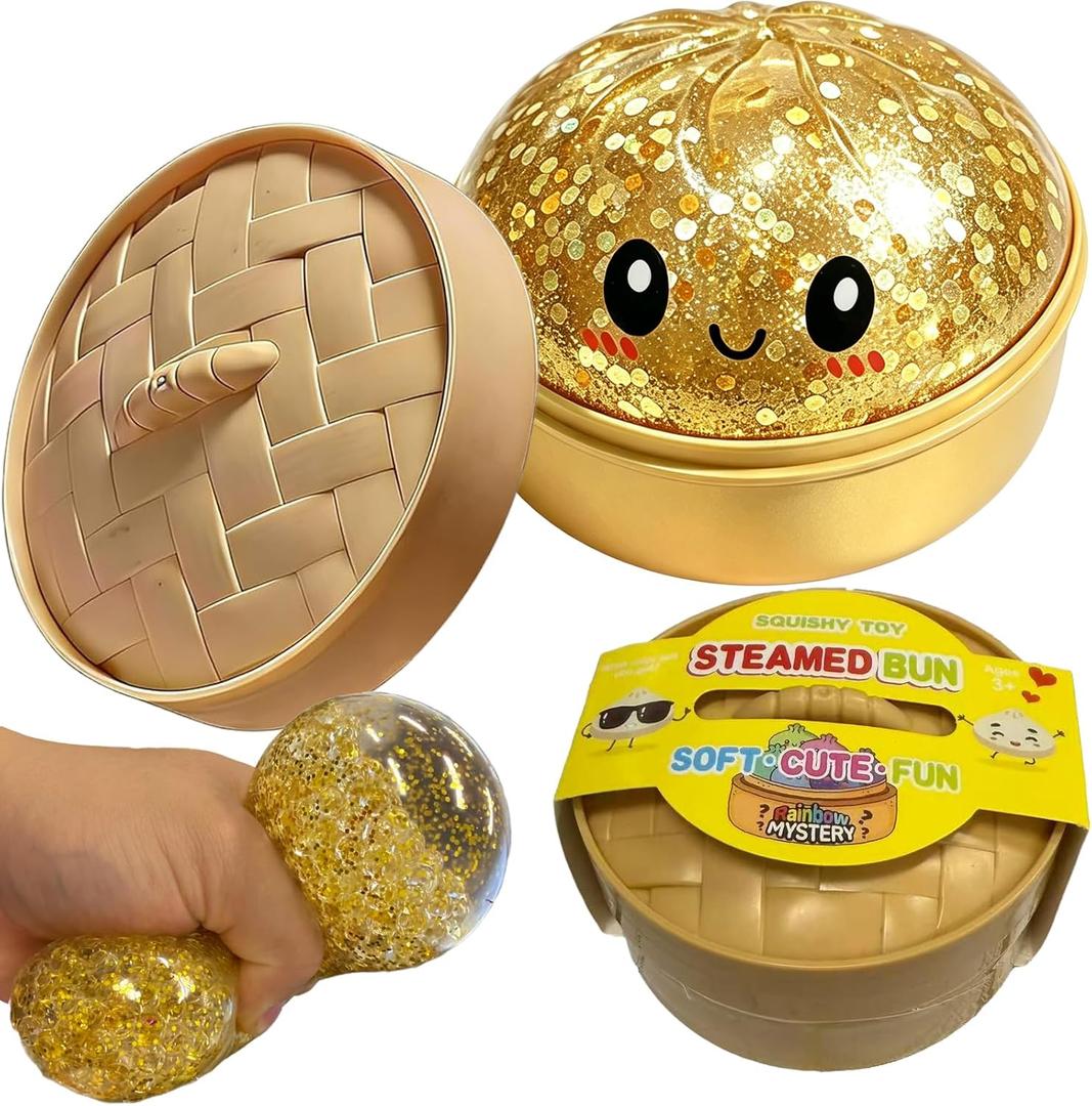 Glitter Dumpling Squishies Toy with Box, Colorful Glitter Dumplings Stress Balls Fidget Sensory Soft Squeeze Slow Rising Decompression Dough Toy. (Gold Glitter)
