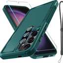 RMOCR Case for Samsung Galaxy S25 Plus, Full Body Heavy Duty Rugged Shockproof Protective Phone Cover with Lanyard Strap, Tempered Glass Screen Protector and Camera Lens Cover, Dark Green