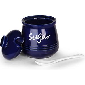 HAOTOP 12oz Sugar Bowl with Lid and Spoon,Ceramic Sugar Jar Sugar Dispenser Sugar Container Coffee Bar Accessories, Kitchen Countertop Canisters, Navy